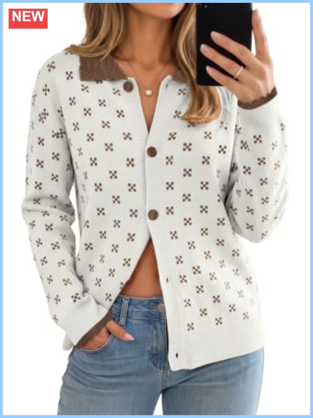 Women's Button Up Collared Knit Cardigan Sweater Geometric Ruffle Cuff